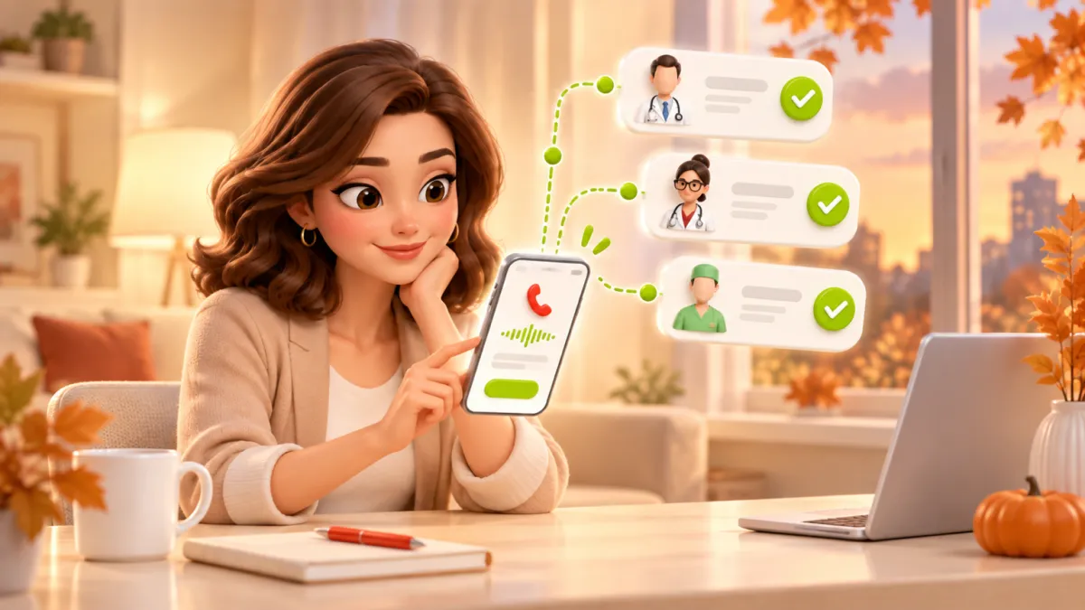 Женщина записывается к врачу через смартфон осенним вечером